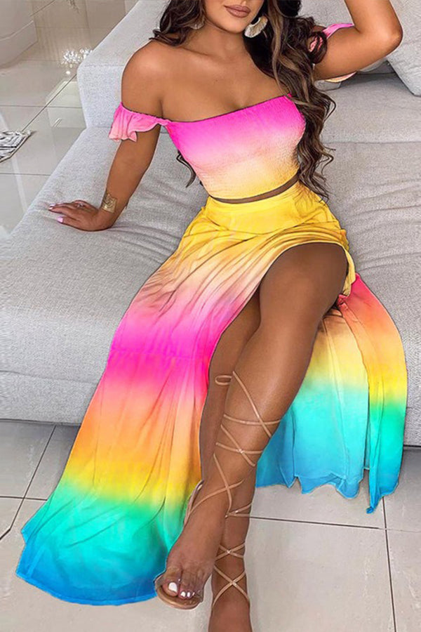 Off Shoulder Ombre Colorblock Top & High Slit Maxi Skirt Sets