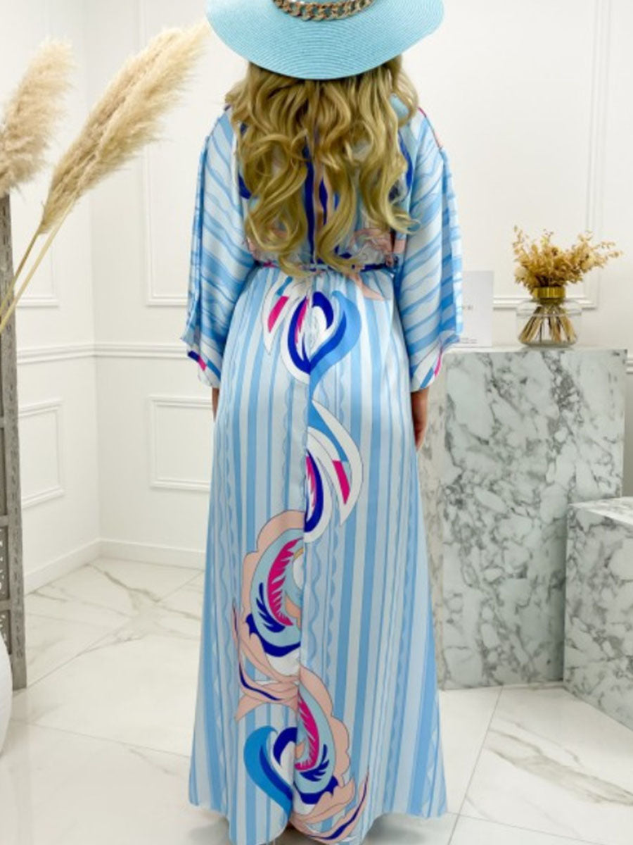 Digital Print V-neck Smocked Split Floor Length Dress