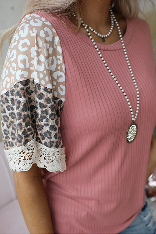 Leopard Lace Patchwork Pullover Round Collar Loose T