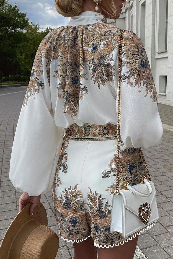 Baroque Print Button Front Long Sleeve Top & Shorts Set