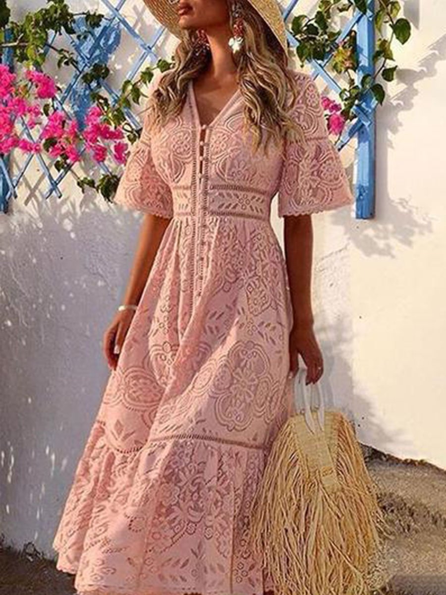 V-neck Solid Slim-fit Lace Midi Dress