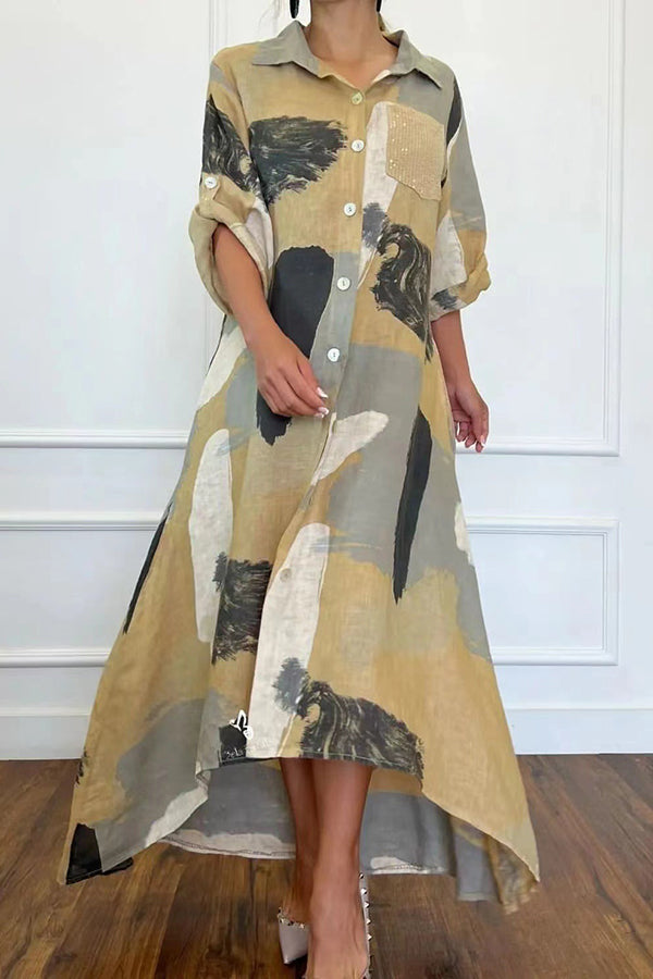 Casual Printed Shirt Collar Irregular Swing Maxi Dress