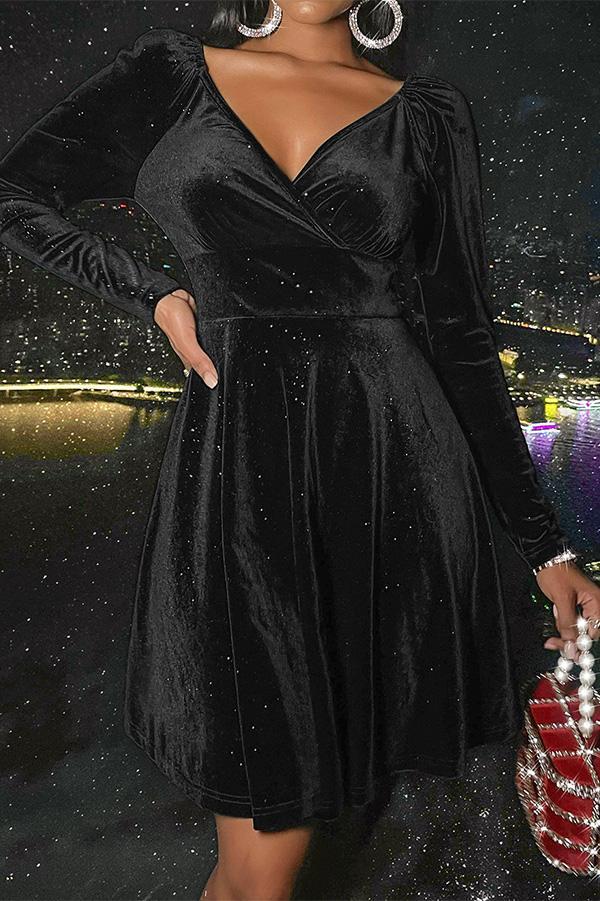 V-neck Velvet Long-sleeved Dress