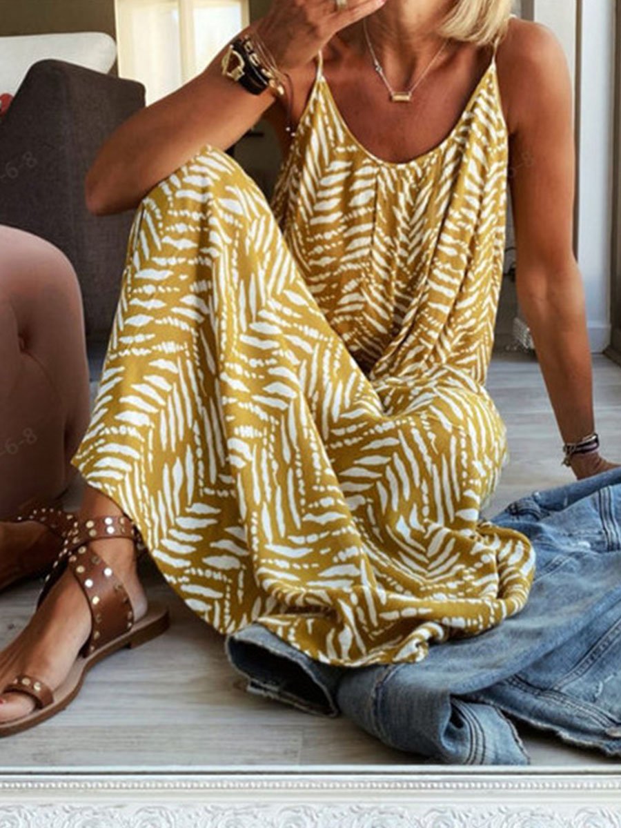Stylish Spaghetti Straps U-Collar Printed Maxi Dress