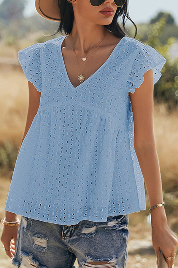V-neck Lotus Leaf Sleeve Hollow Loose Women's Top
