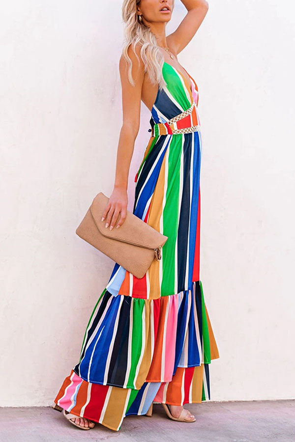 Rainbow Stripe Print Lace Stitching Deep V Strap Long Dress
