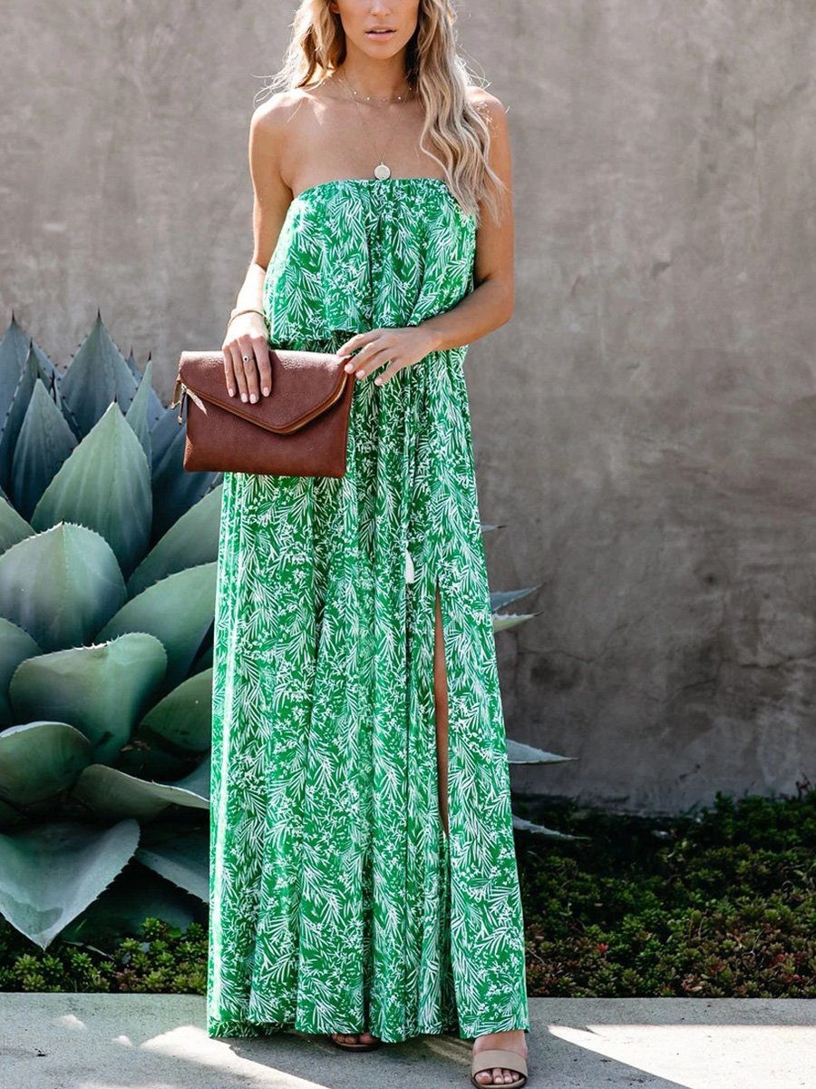 Leaves Printing Off-the-shoulder Falbala Split Maxi Dress