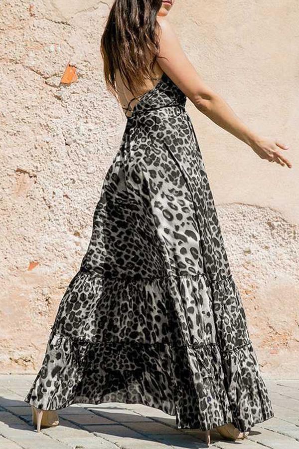 Deep V-Neck Leopard Print Sphagetti Maxi Dress