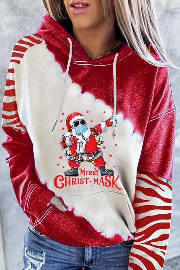 Santa Claus Print Color Block Hoodie (Red)