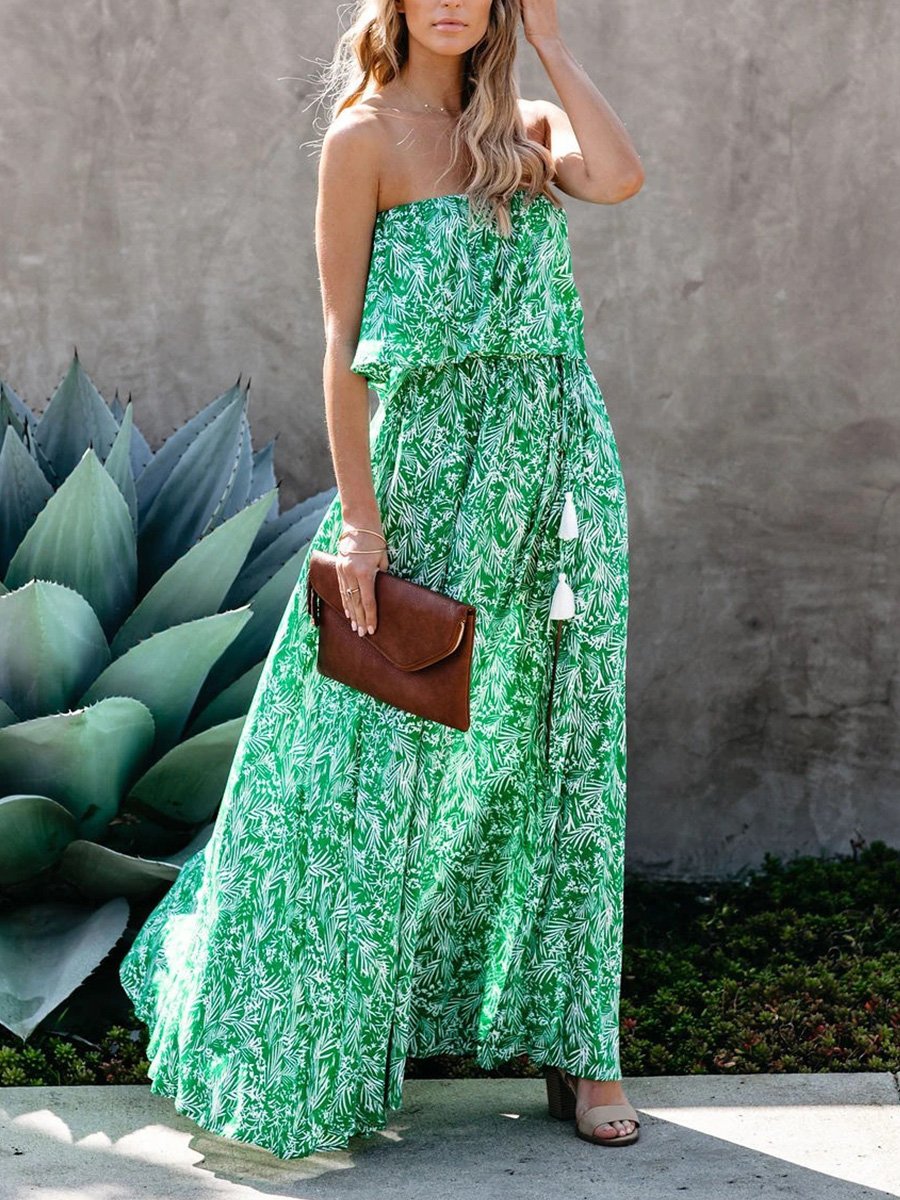 Leaves Printing Off-the-shoulder Falbala Split Maxi Dress