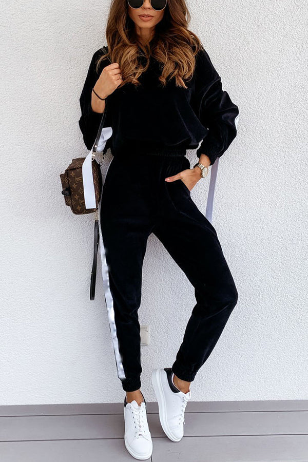 Pure Color Hooded Long-sleeved Gold Velvet Two-piece Suit