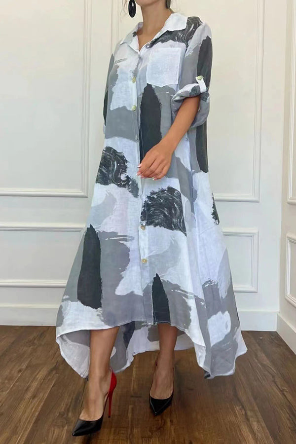 Casual Printed Shirt Collar Irregular Swing Maxi Dress