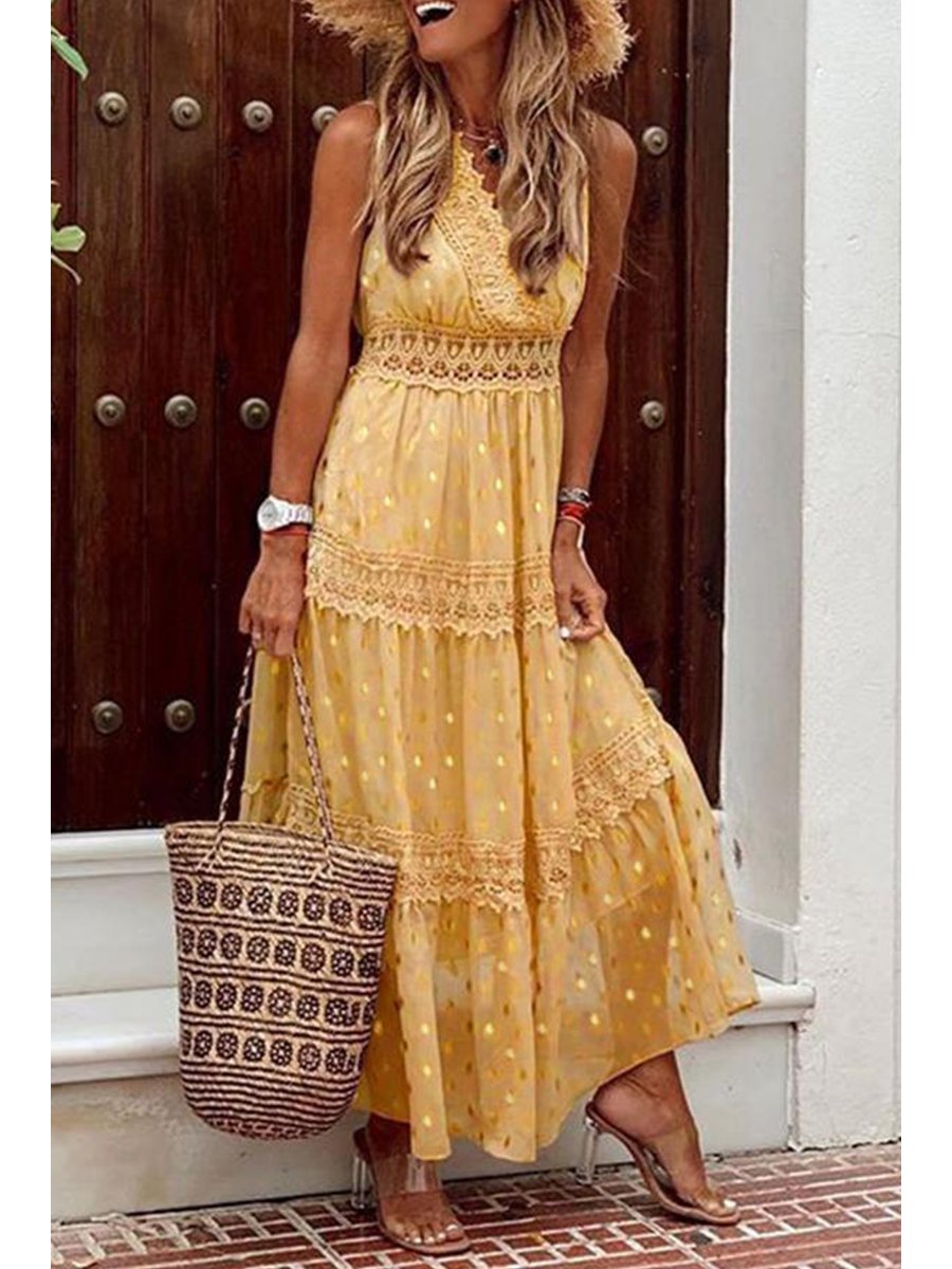 Stylish PolkaDots Print Lace V-Neck Maxi Dress