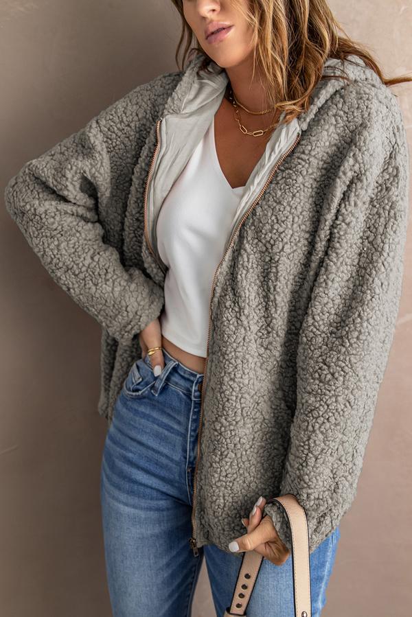 Zip Up Sherpa Hooded Coat with Pocket