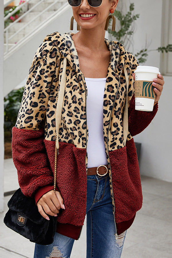 Leopard Patchwork Hooded Plush Coat