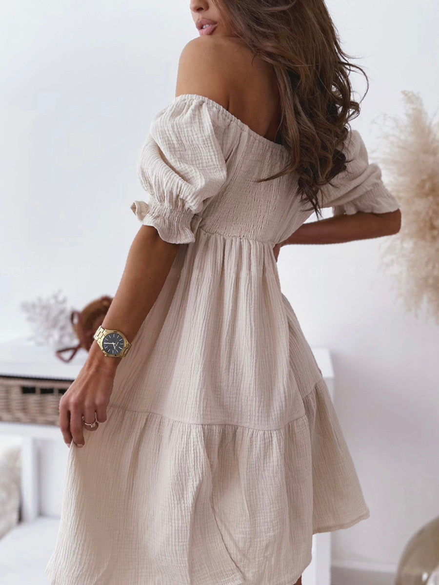 Solid Off-Shoulder Pleated Mini Dress