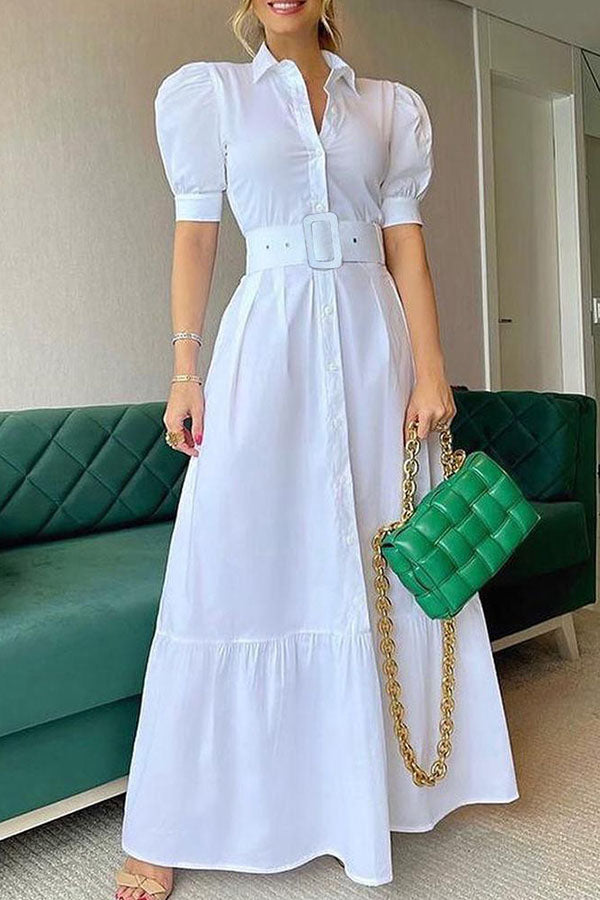 Striped Button Front Puff Sleeve Shirt Dress