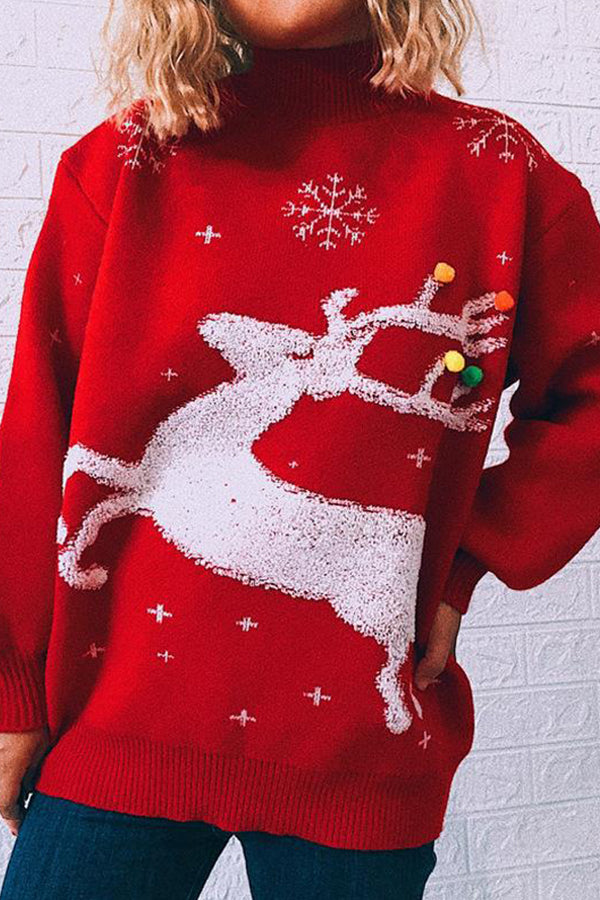 Christmas Loose Padded Deer Snowflake Round Neck Long-sleeved Sweater