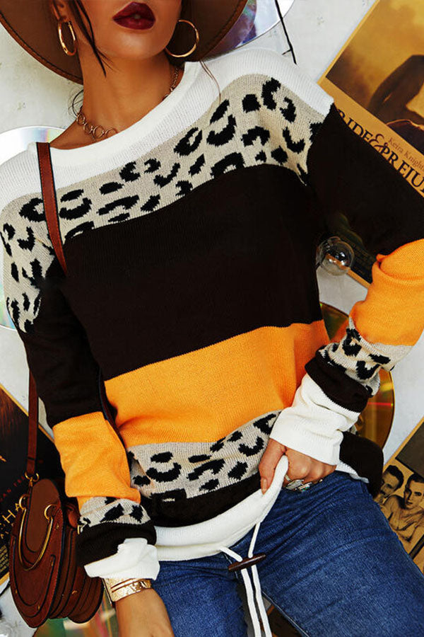 Colorblock Leopard Print Long Sleeve Sweater