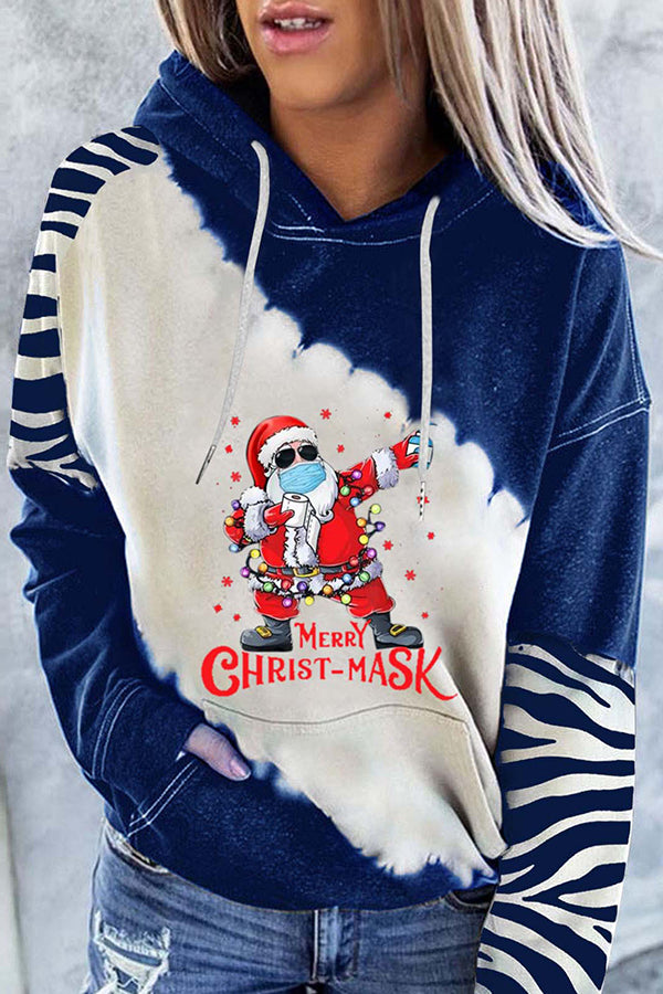 Santa Claus Print Color Block Hoodie (Blue )