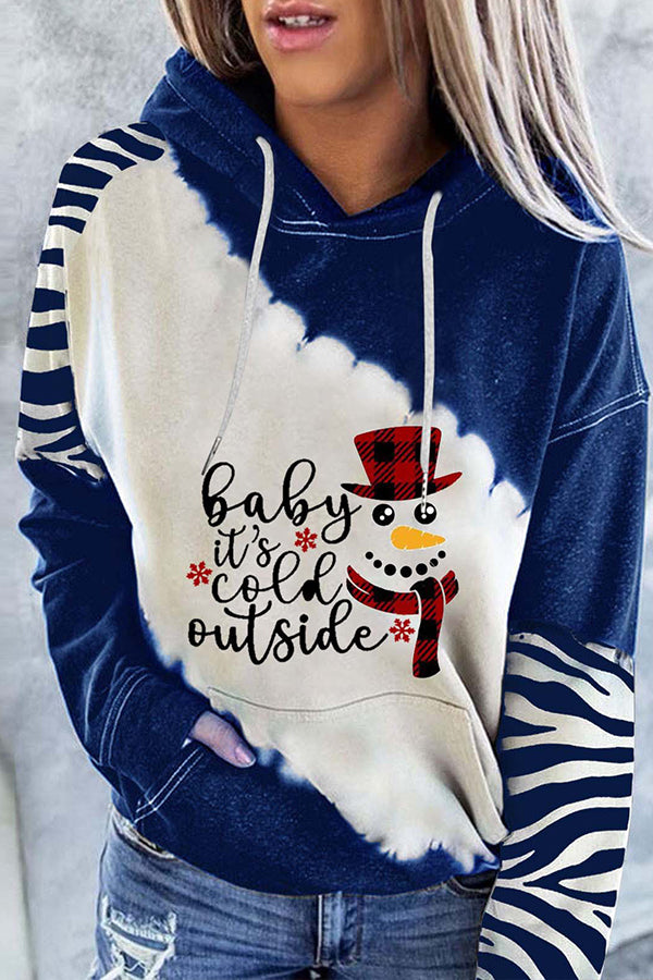 Santa Claus Print Color Block Hoodie (Blue )