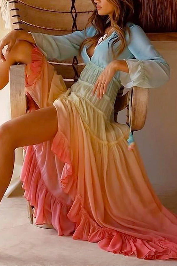 Tie-Dye Ruffle Hem Asymmetrical Maxi Dress