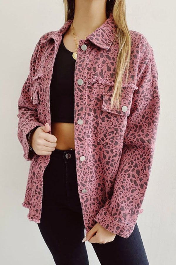 Westlynn Leopard Print Distressed Denim Jacket