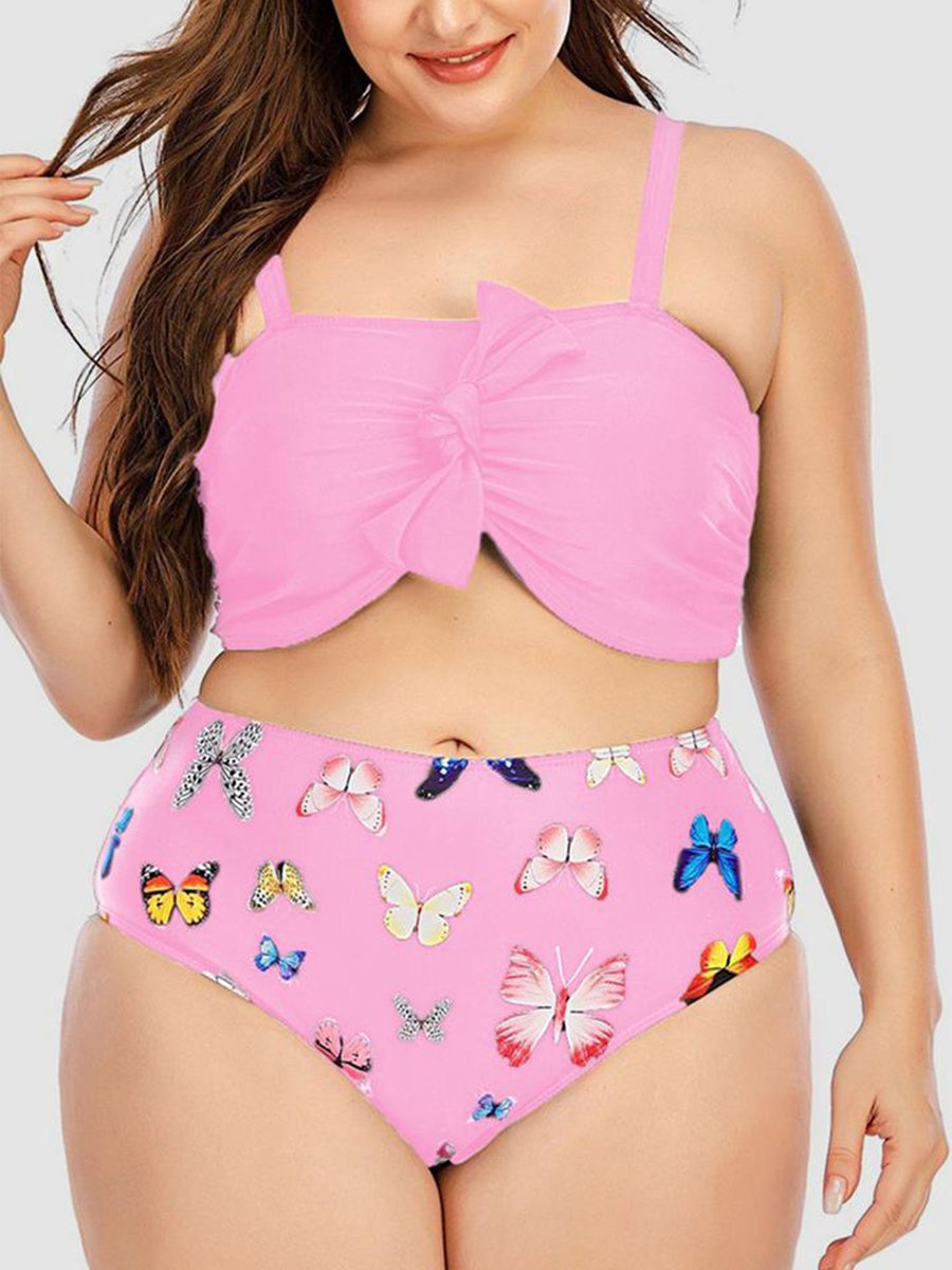 Butterfly Print Ruched Knot Design Black Two-piece Swimsuit