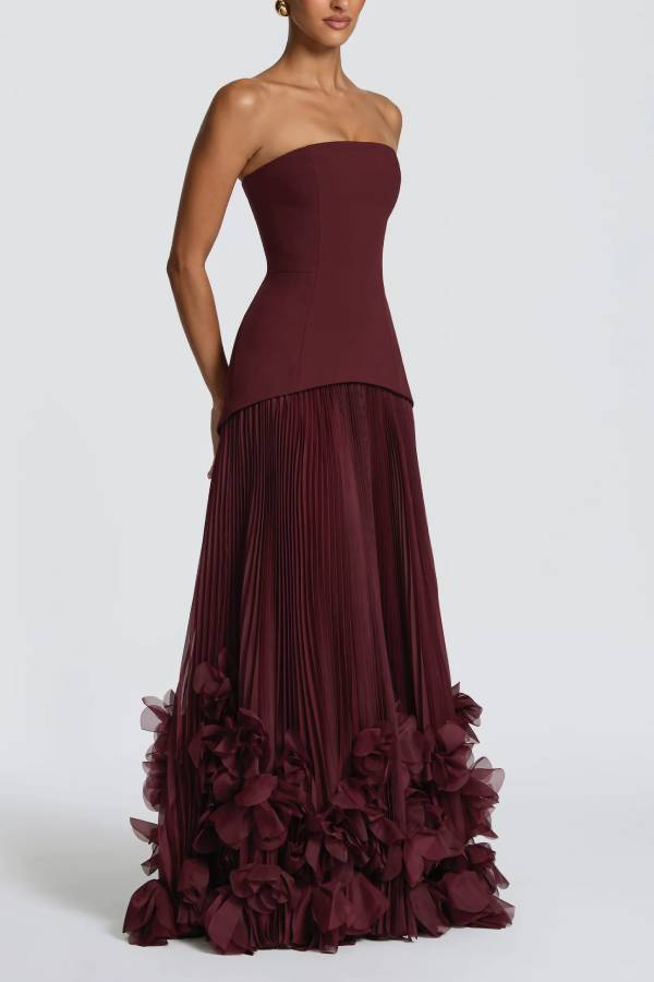 Serafina Strapless Back Lace-up Handcrafted Floral Appliqués Pleated Hem Gown Maxi Dress
