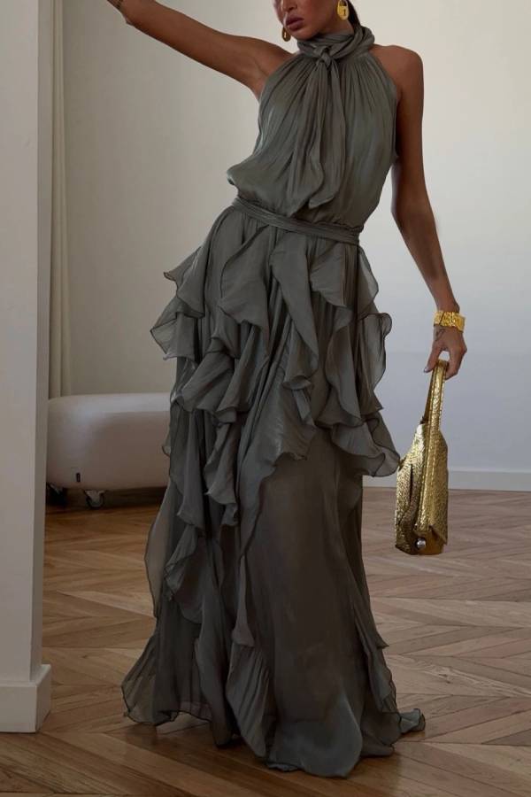 Halter Tie‑Up Ruffled Shiny Evening Maxi Dress