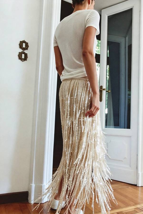 Champagne Party Layered Sequined Tassels Mid Rise Elastic Waist Midi Skirt