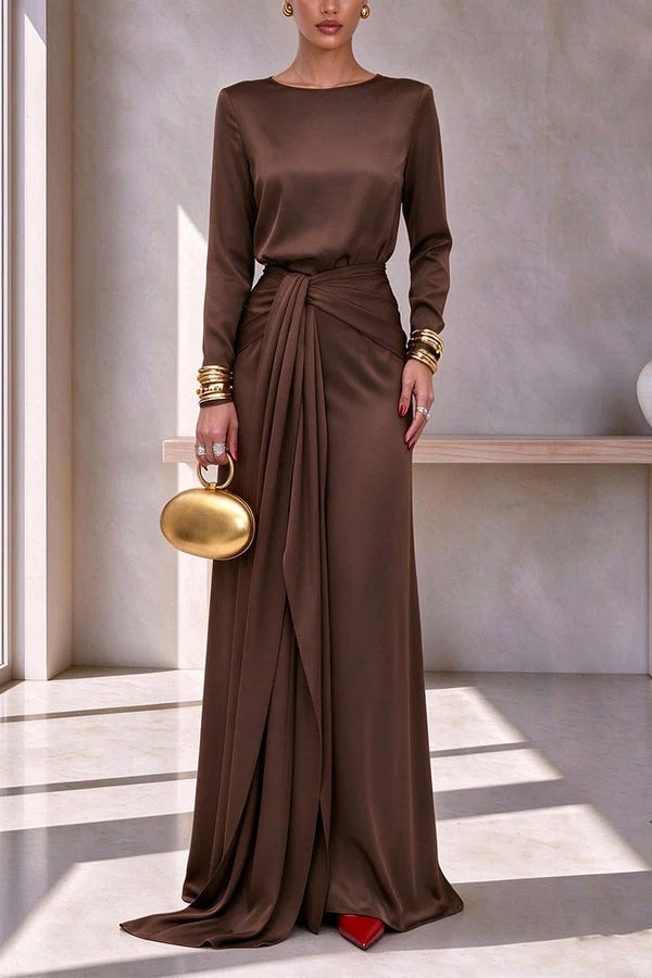 Luna Satin Long Sleeve Top and High Rise Tie-up Waist Slit Maxi Skirt Set