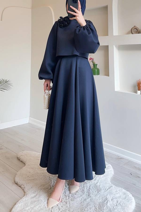Three-Dimensional Floral Puff Sleeve Top + Long Swing Maxi Skirt Two-Piece Set