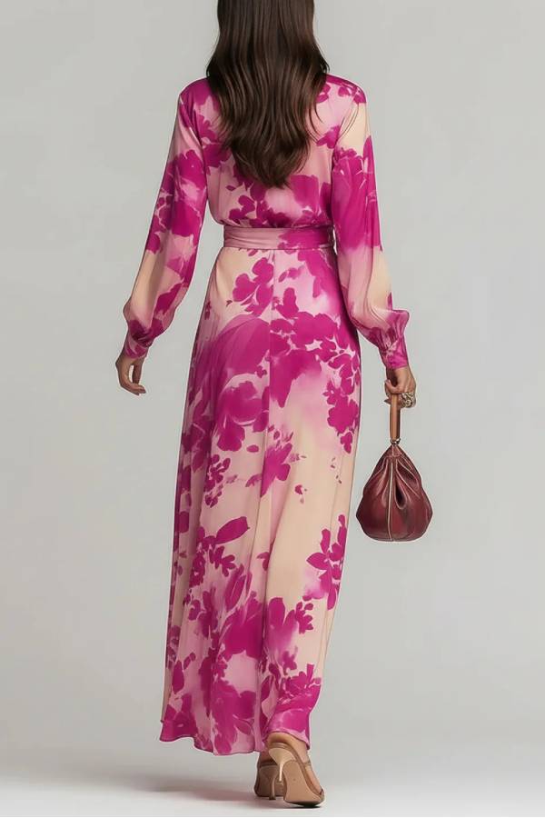 Rose Red Floral V-neck Belted Maxi Dress