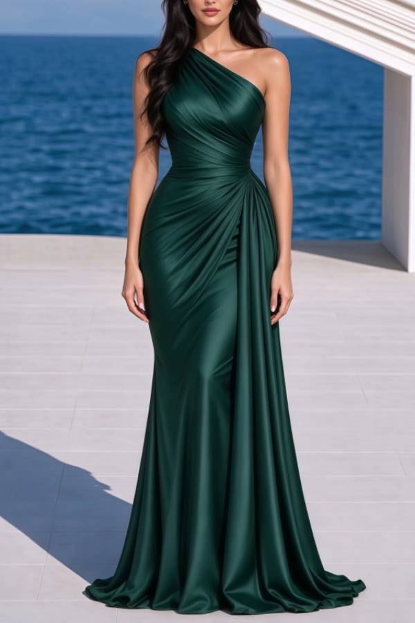 Emerald Green One Shoulder Ruched Satin Maxi Dress Elegant Evening Gown