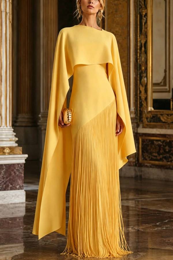 Cayetana Detachable Shawl Detail Fringed Hem Gown Maxi Dress