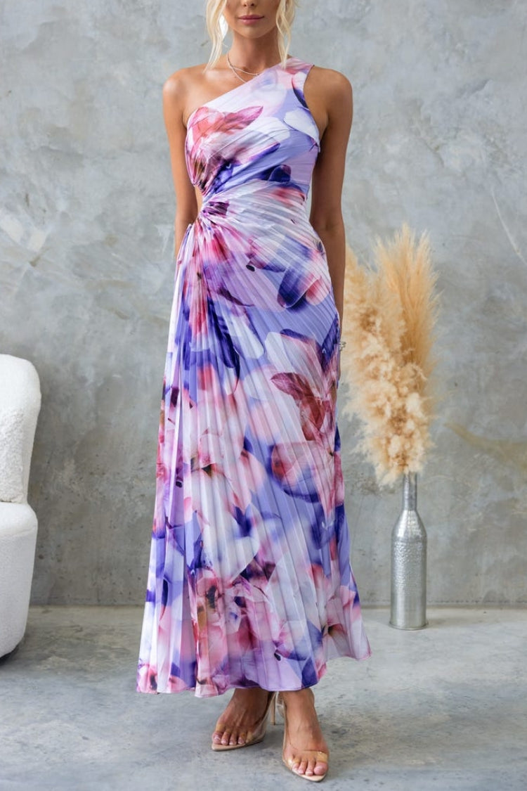 Tie-up pleated printed one-shoulder sleeveless dress