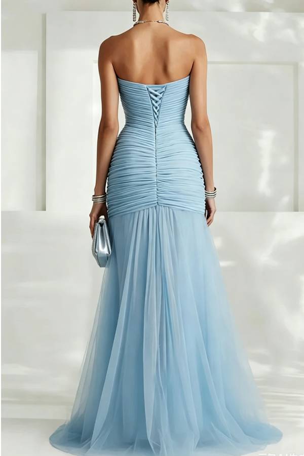 Sylvie Ruched Tulle Back Lace-up Strapless High Slit Gown Maxi Dress