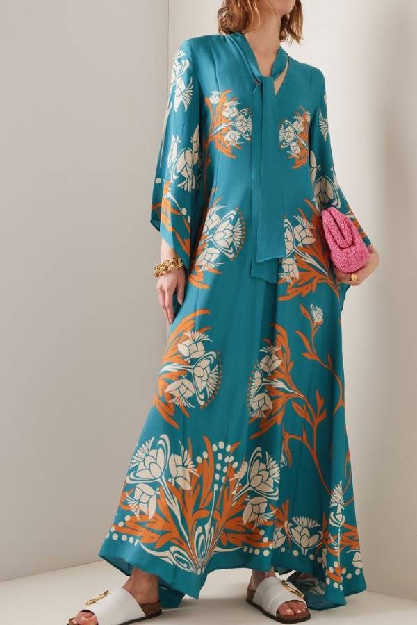 Vintage Print Satin Wide Sleeve Vacation Kaftan Maxi Dress