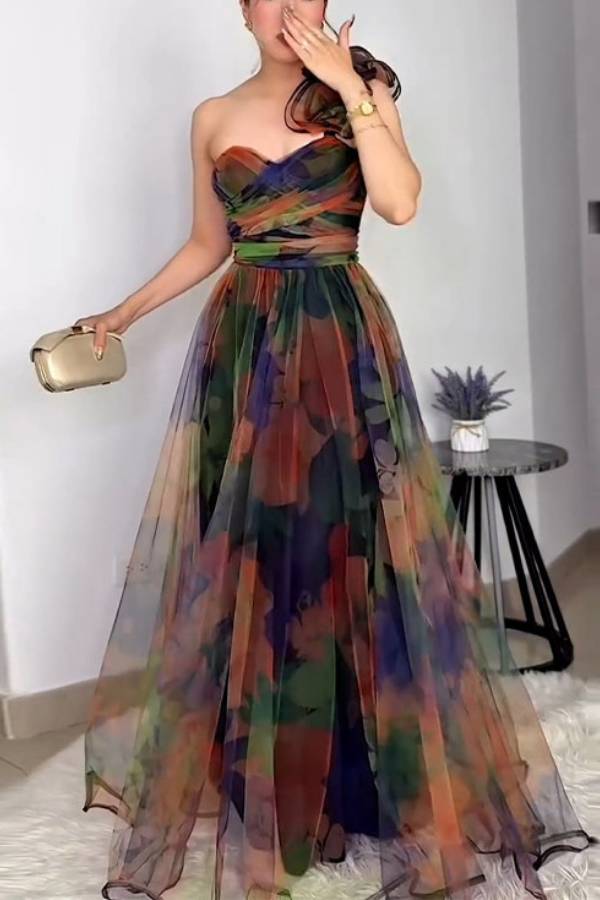 One-Shoulder Floral Print Organza Evening Gown