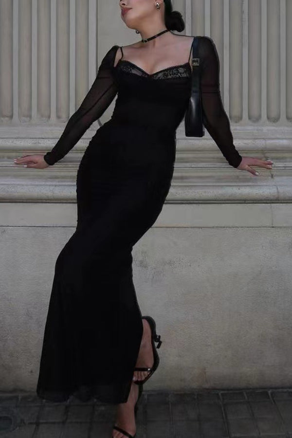 Women's Black With Fishbone Braces Long Sleeve Tight Dress