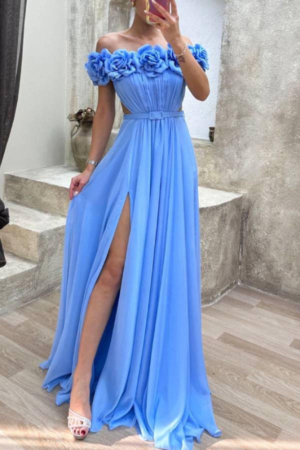 Strapless Chest Rose Waist Detail Design Evening Dress