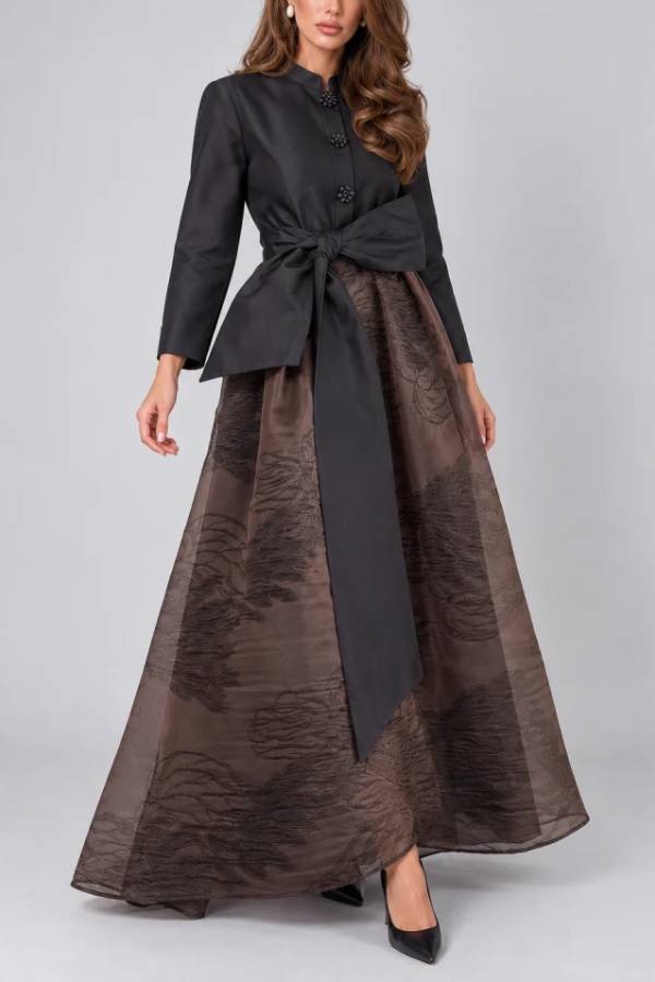 Elegant Black Long Sleeve Bow Belted Shirt Dress with Floral Buttons