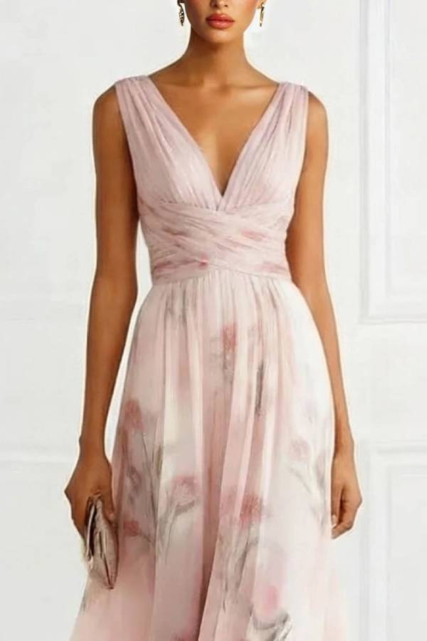 Elegant V-Neck Floral Print Tulle Maxi Dress