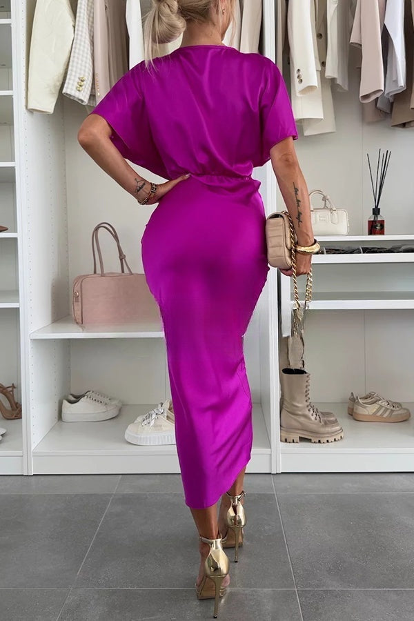 Satin Solid Color V-neck Cross Knot Slim Maxi Dress
