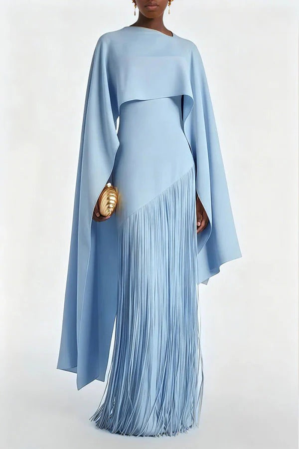 Cayetana Detachable Shawl Detail Fringed Hem Gown Maxi Dress