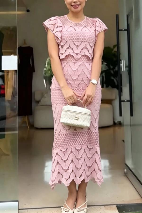 Verina Ripple Lace Embroidered Fabric Bell Sleeve Back Tie-up Pencil Midi Dress