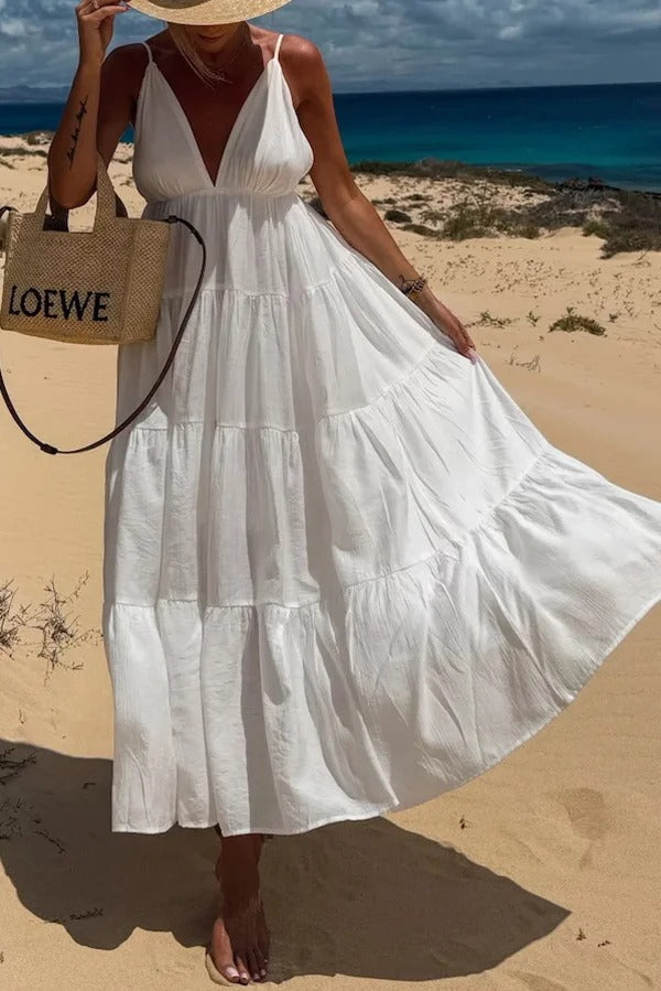 Bohemian Style V-neck Backless Slip Layered Vacation Maxi Dress