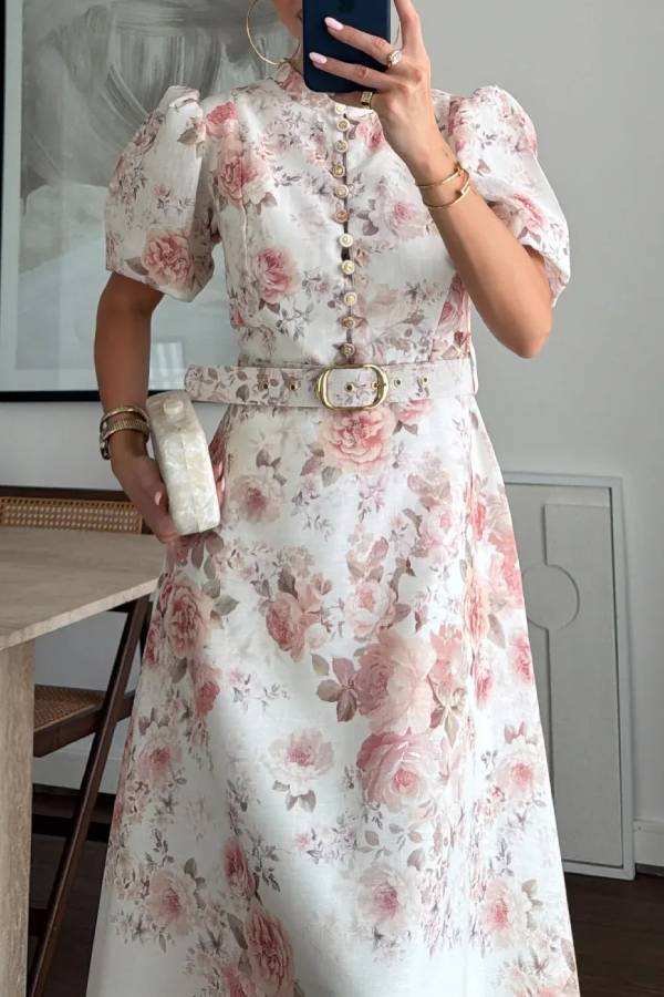 French Rose Print Puff Sleeve Midi Dress
