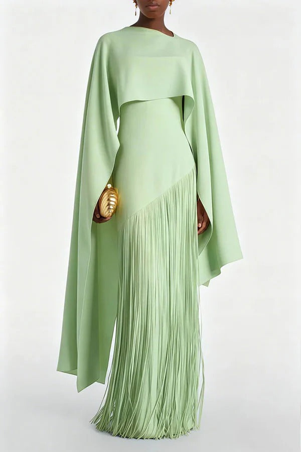 Cayetana Detachable Shawl Detail Fringed Hem Gown Maxi Dress